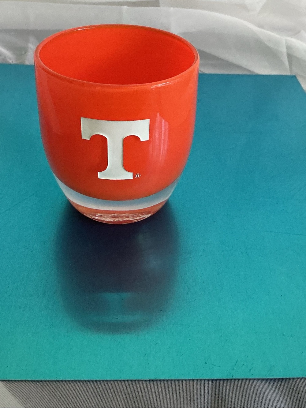 Orange Glass Tumbler with White 'T' Logo - Branded Glass Art